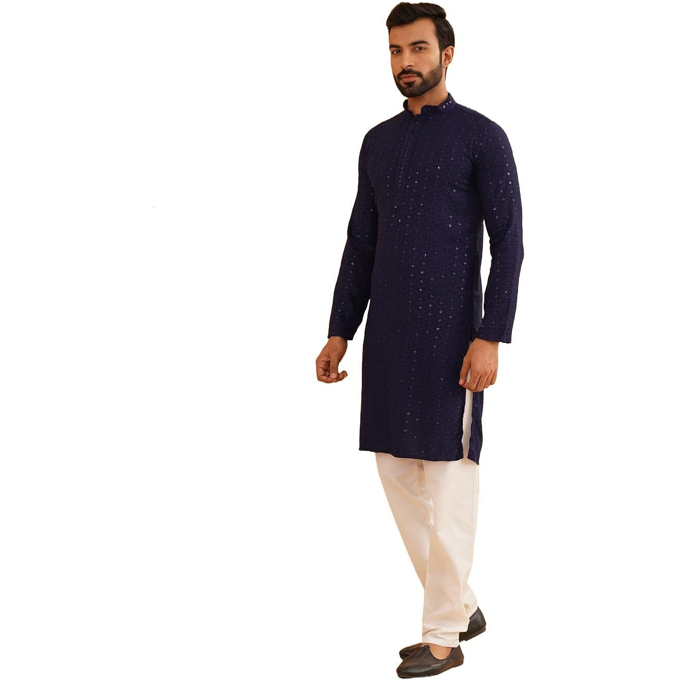 Sojanya (Since 1958 Men's Pure Cotton Navy Blue Embroidered Sequined Kurta And White Pyjama Set