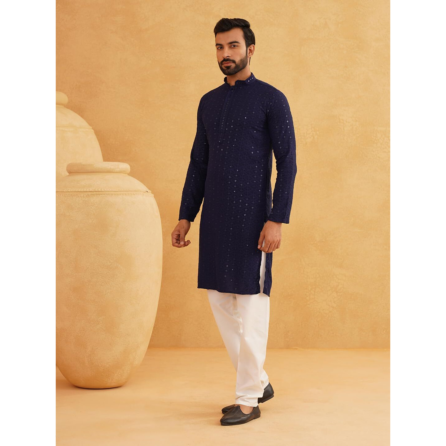 Sojanya (Since 1958 Men's Pure Cotton Navy Blue Embroidered Sequined Kurta And White Pyjama Set