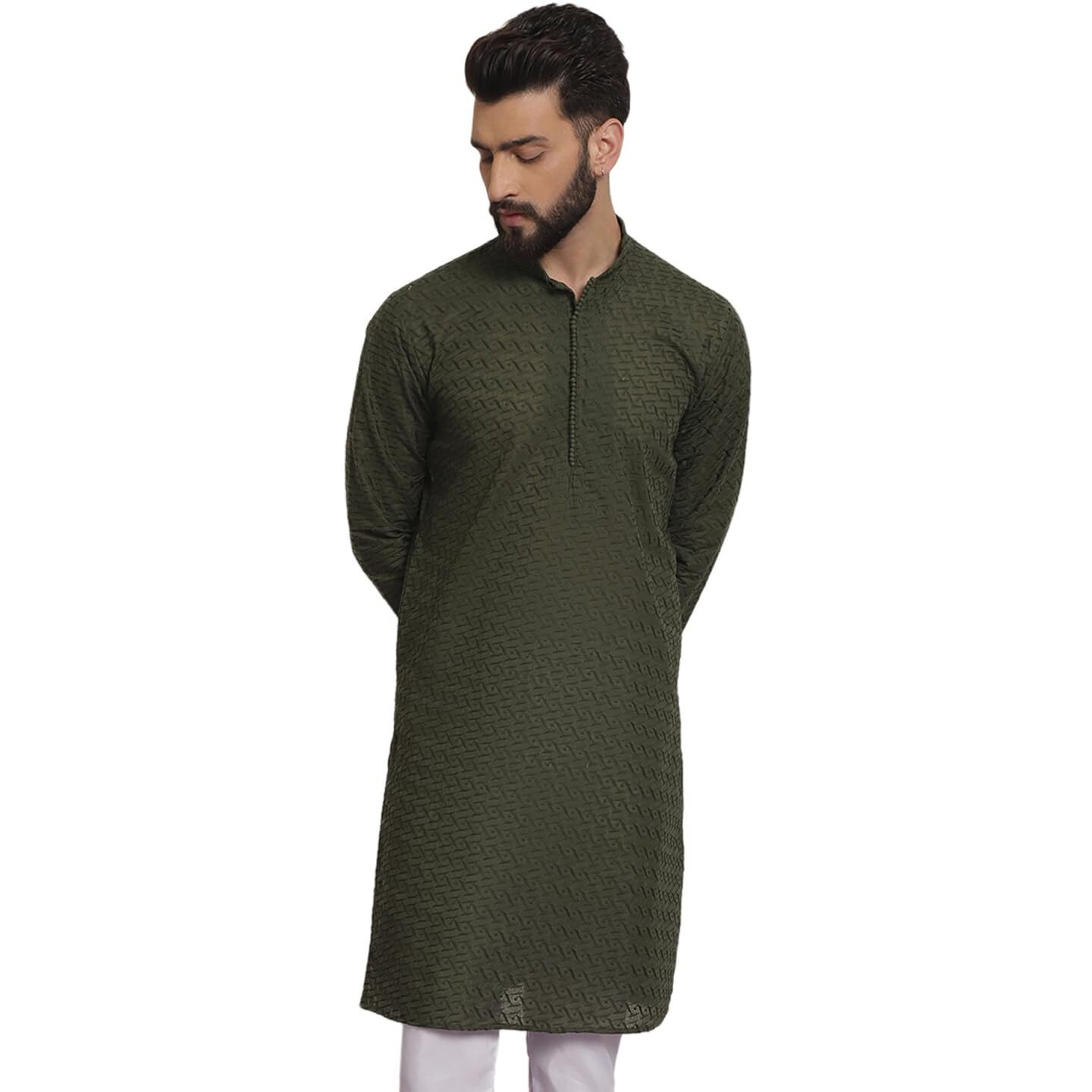 Sojanya (Since 1958 Ethnic Motifs Embroidered Thread Work Pure Cotton Dark Green Straight Only Kurta