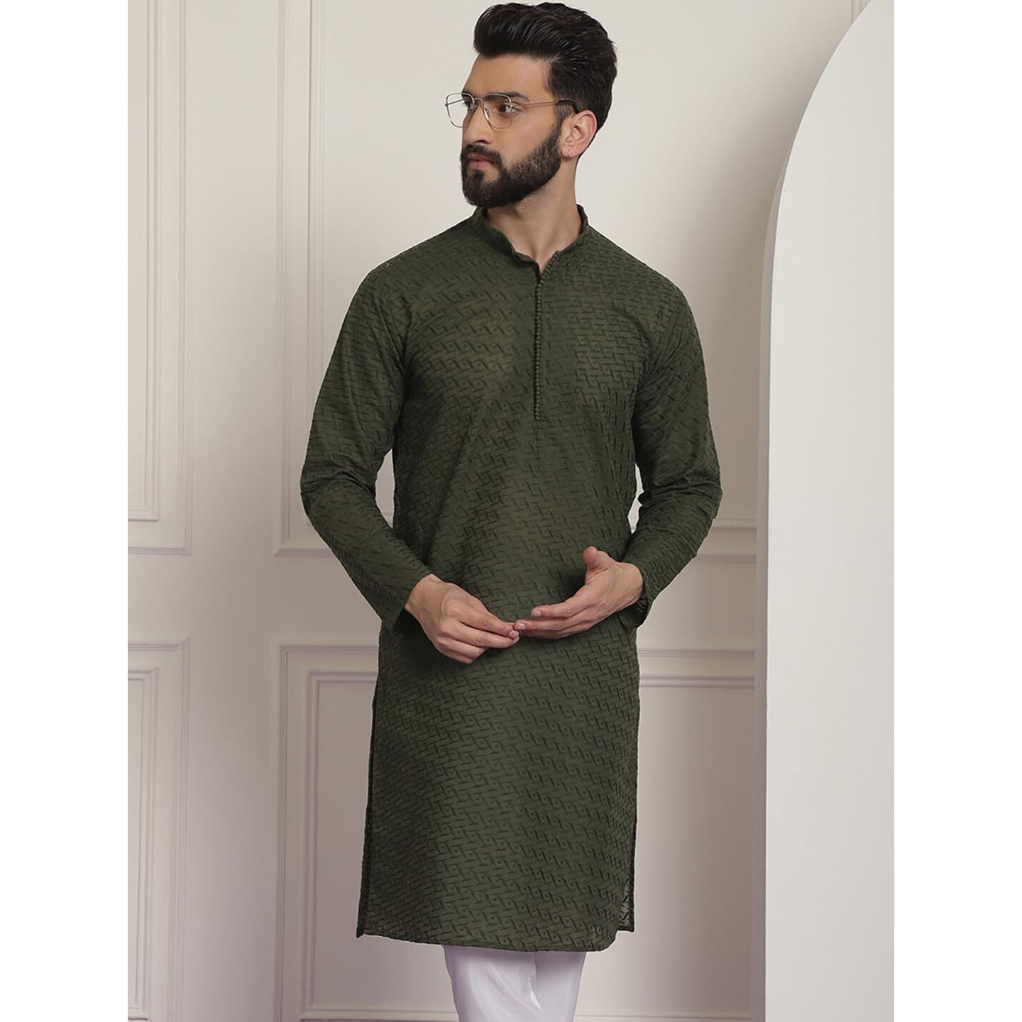 Sojanya (Since 1958 Ethnic Motifs Embroidered Thread Work Pure Cotton Dark Green Straight Only Kurta