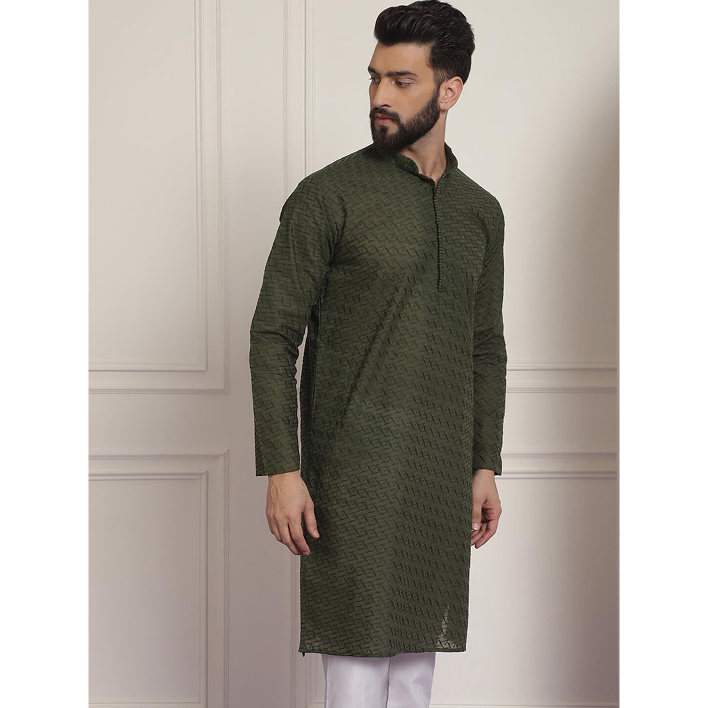 Sojanya (Since 1958 Ethnic Motifs Embroidered Thread Work Pure Cotton Dark Green Straight Only Kurta