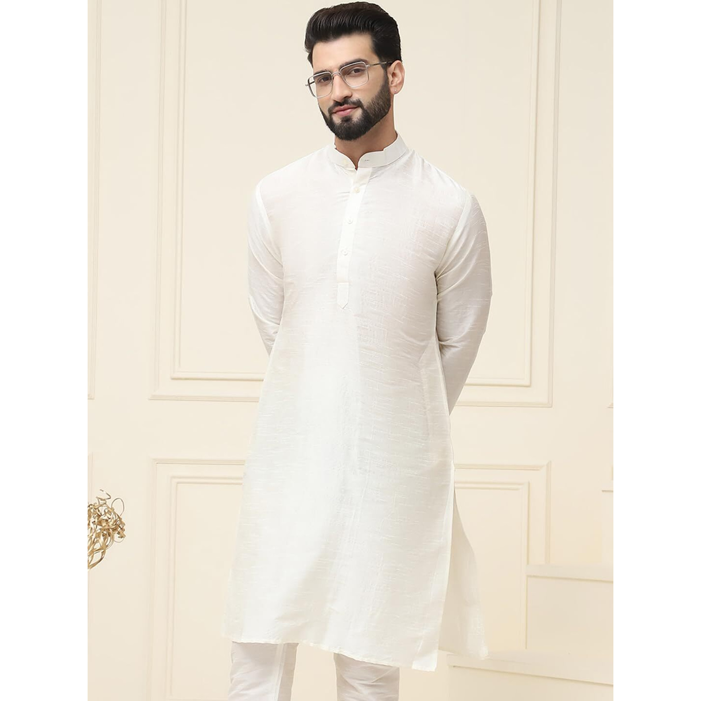 Sojanya (Since 1958 Men's Dupion Silk Cream Only Long Kurta