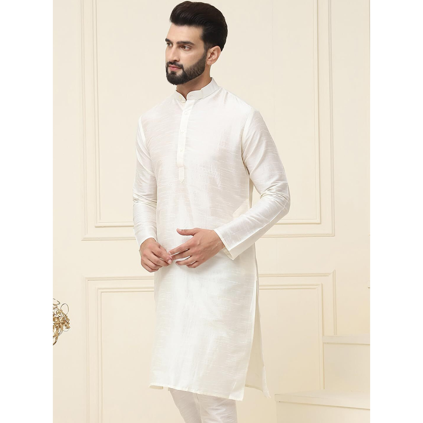 Sojanya (Since 1958 Men's Dupion Silk Cream Only Long Kurta