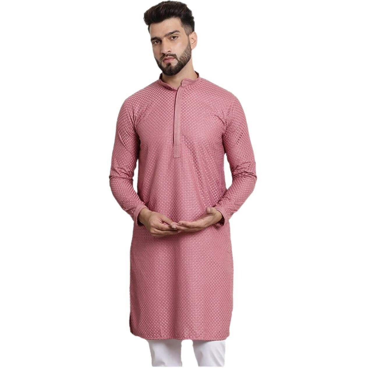 Sojanya (Since 1958 Mens Pure Cotton Checked Embroidered Coral Color Only Long Kurta