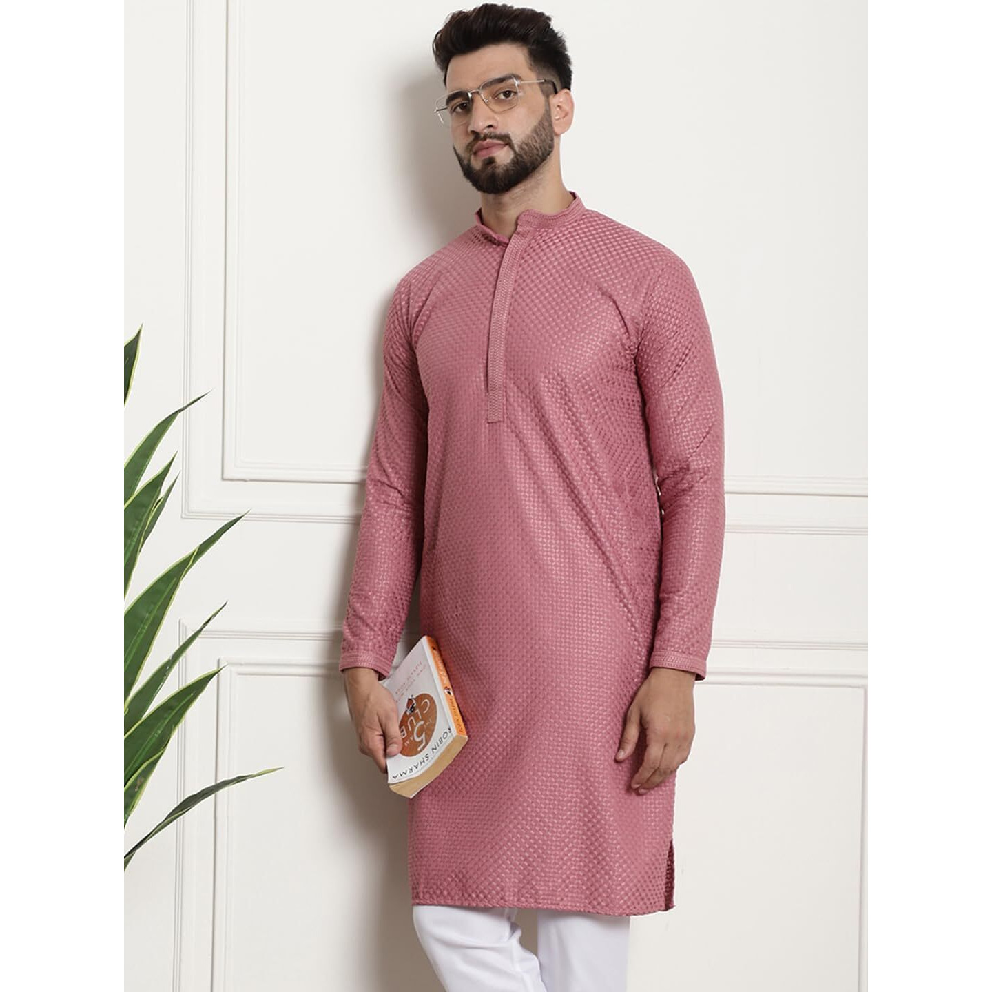 Sojanya (Since 1958 Mens Pure Cotton Checked Embroidered Coral Color Only Long Kurta