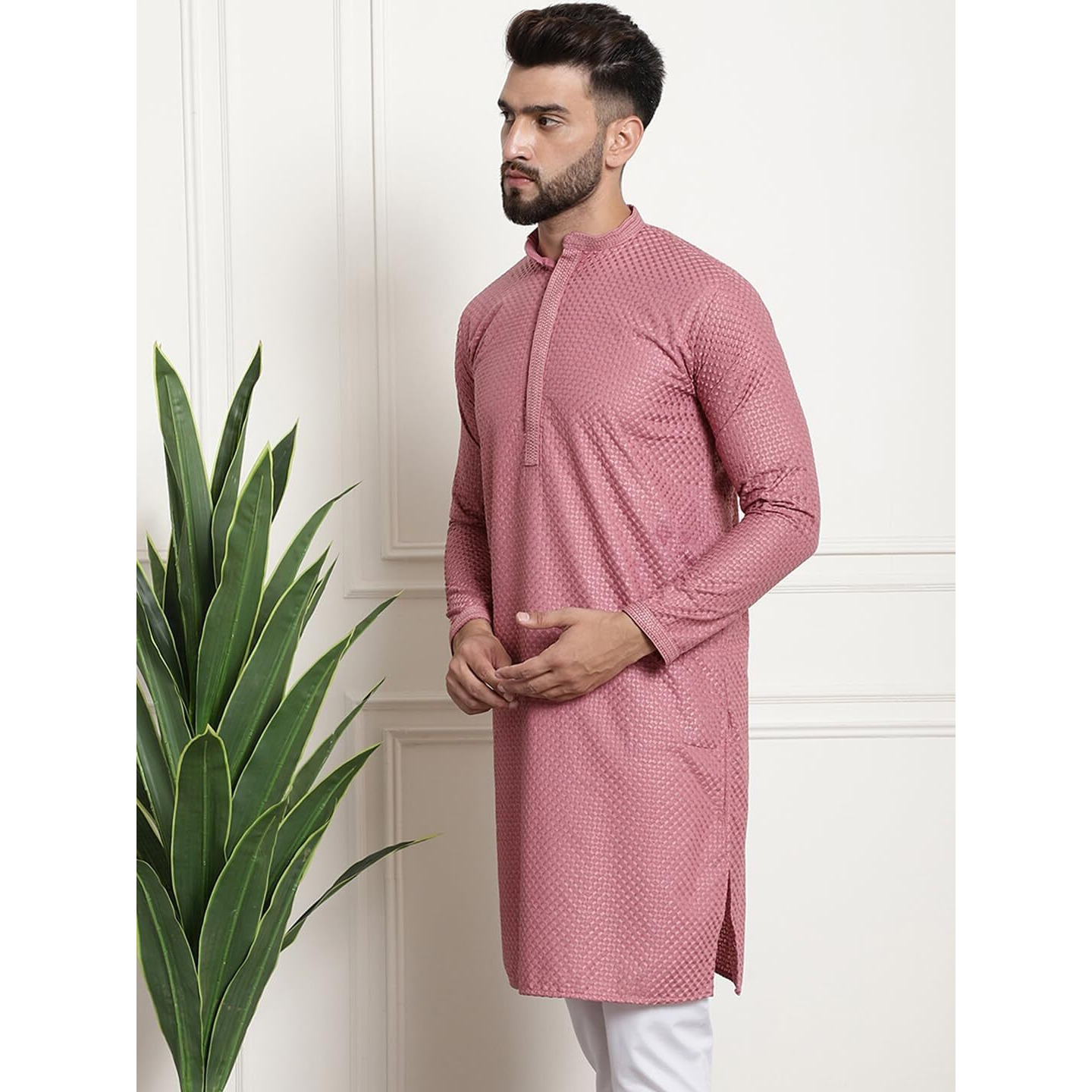 Sojanya (Since 1958 Mens Pure Cotton Checked Embroidered Coral Color Only Long Kurta