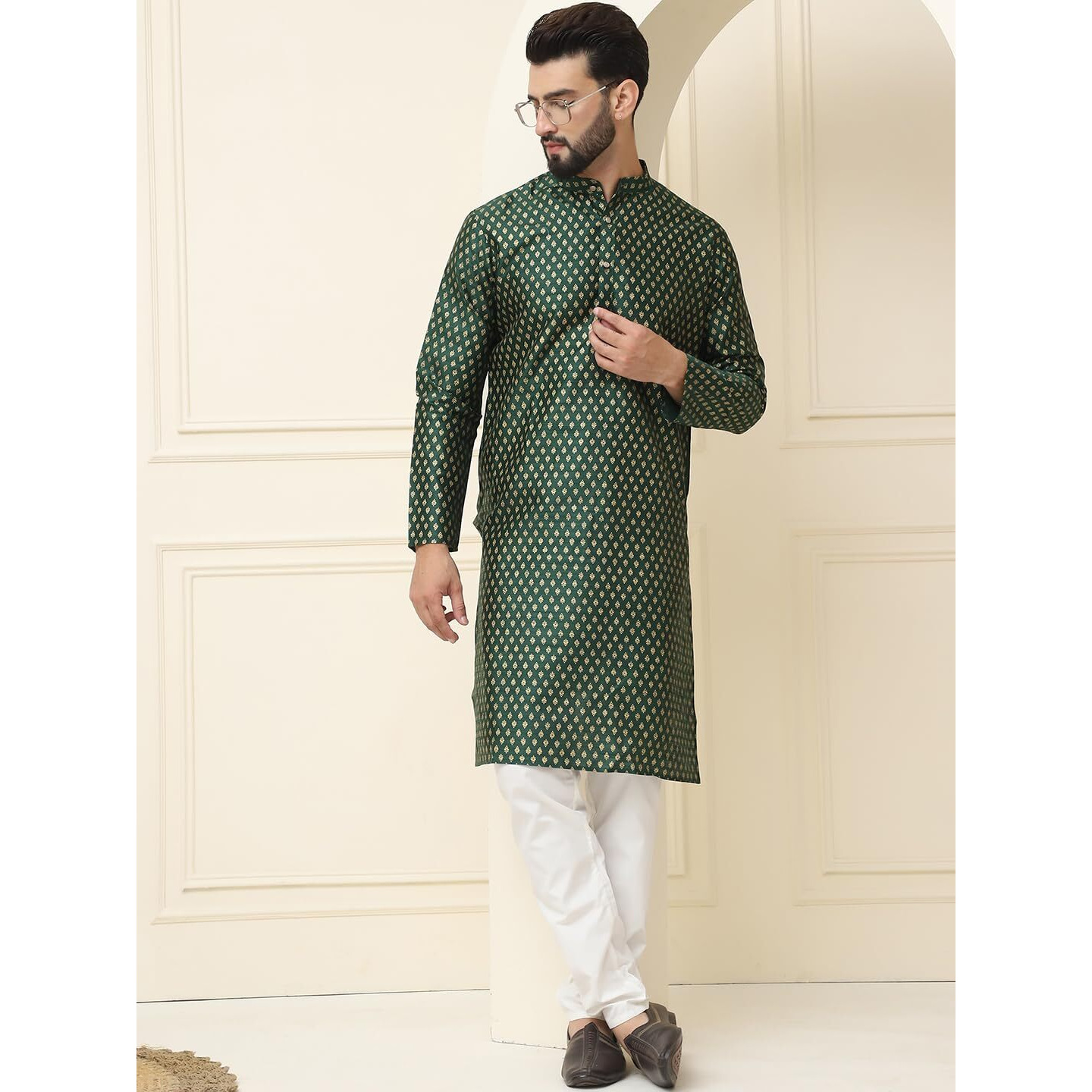 Sojanya (Since 1958 Men's Silk Blend Dark Green Self Design Kurta With Off White Pyjama Set
