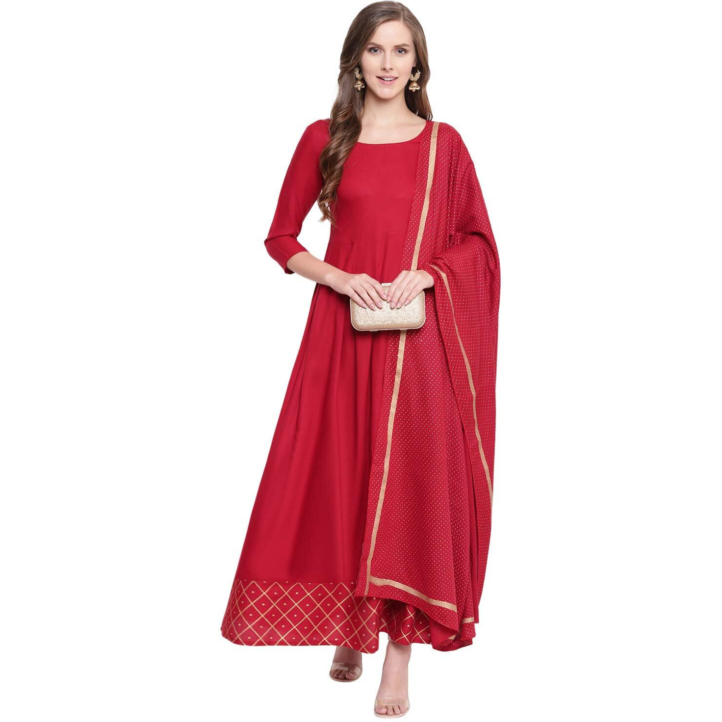 Stylum Women's Checkered Rayon Flared Kurta With Dupatta Set (Maroontrianglekdset36_Maroon, S)