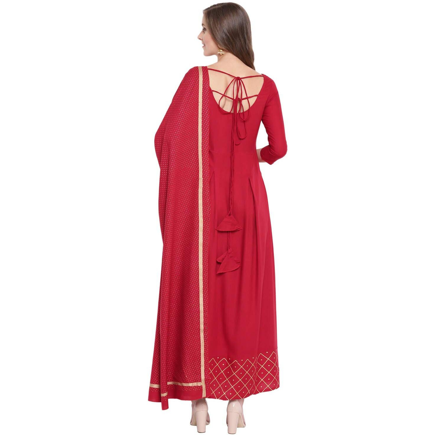 Stylum Women's Checkered Rayon Flared Kurta With Dupatta Set (Maroontrianglekdset36_Maroon, S)