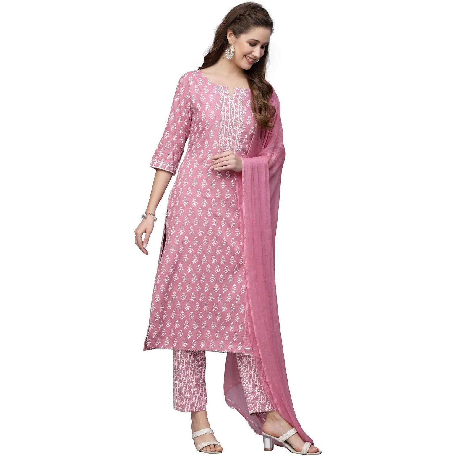 Stylum Women's Floral Printed Rayon Kurta Pant Dupatta Set (Kpdpinkseal36_Pink, S)