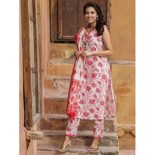 Shienzy Women's Printed Cotton Blend Sleeveless V-Neck Kurta Pant Dupatta Set || Stylish Indo-Western Kurti For Wedding, Festive, Office Or Formal & Casual Summer Wear (Shz1429_Maroon_S)