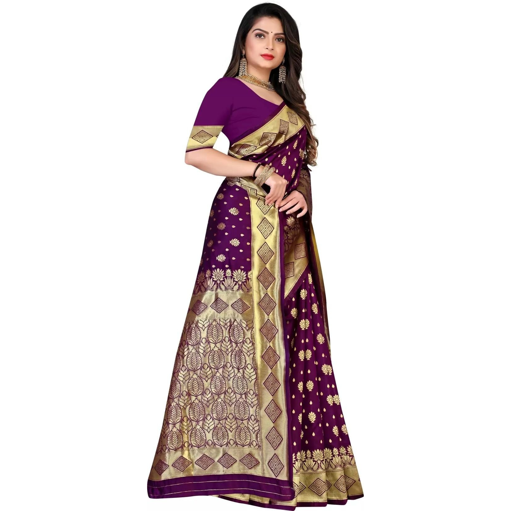Sugathari Women's Banarasi Saree Pure Kanjivaram Silk Saree Soft New Ladies 2023 Design Wear Pattu Sarees Latest Cotton Party Sari Collections With Blouse Piece For Wedding Sadi (Pari 181 Purple)