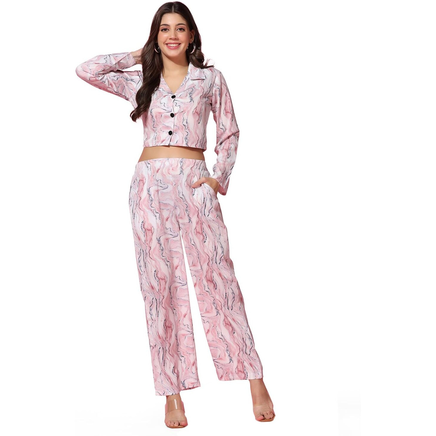 Tagdo Women's Co-Ords Printed Dress Set (Shirt-Pair-5150-Pink-Xxl)