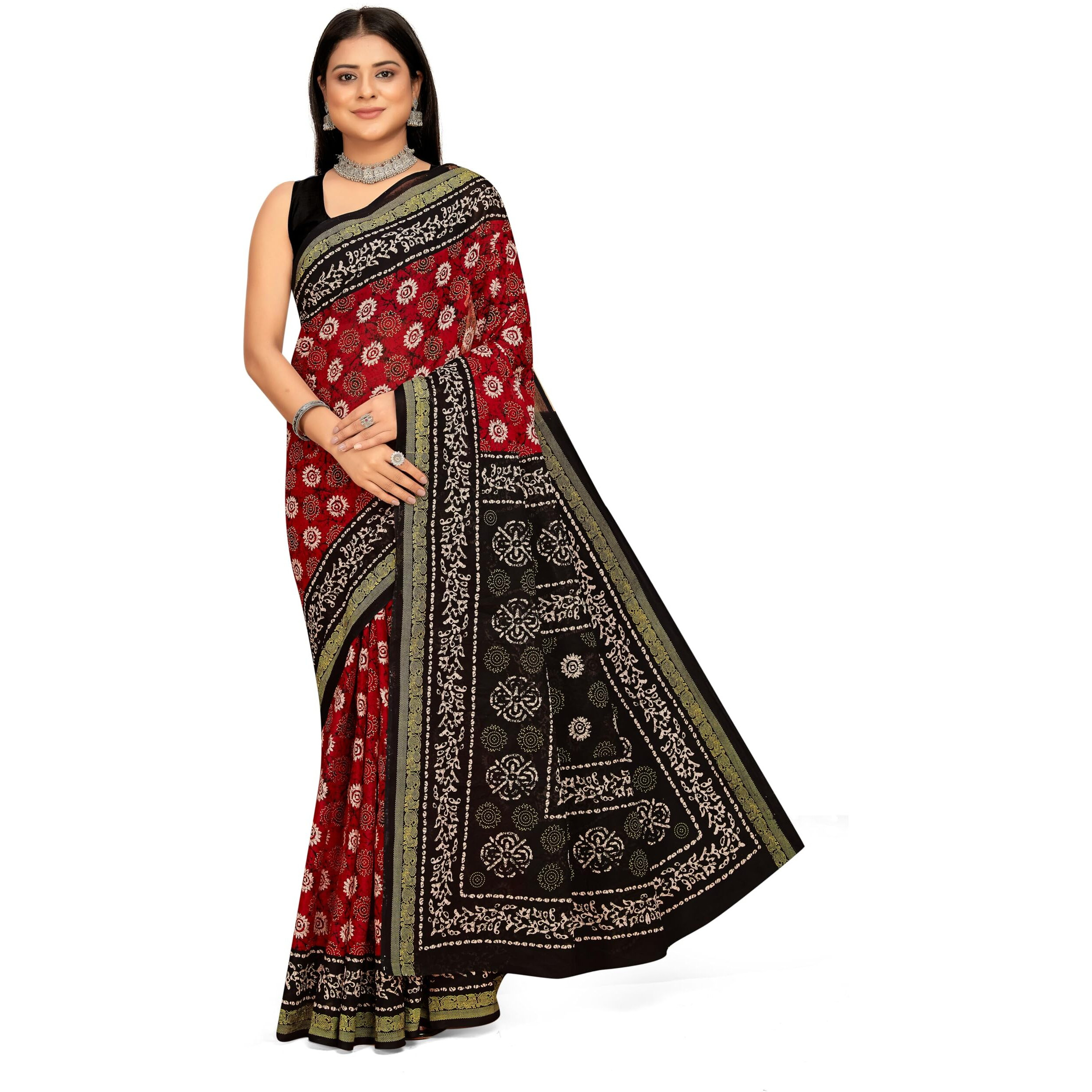 Tamaira Fashion Women's Batik Printed Pure Cotton Mulmul Saree Without Blouse Piece(2505_Red)