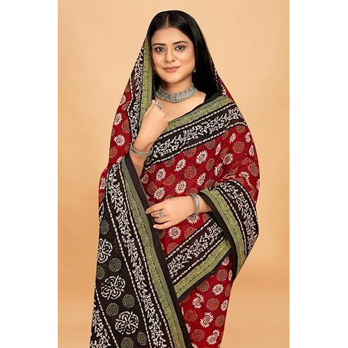 Tamaira Fashion Women's Batik Printed Pure Cotton Mulmul Saree Without Blouse Piece(2505_Red)