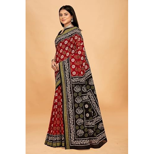 Tamaira Fashion Women's Batik Printed Pure Cotton Mulmul Saree Without Blouse Piece(2505_Red)