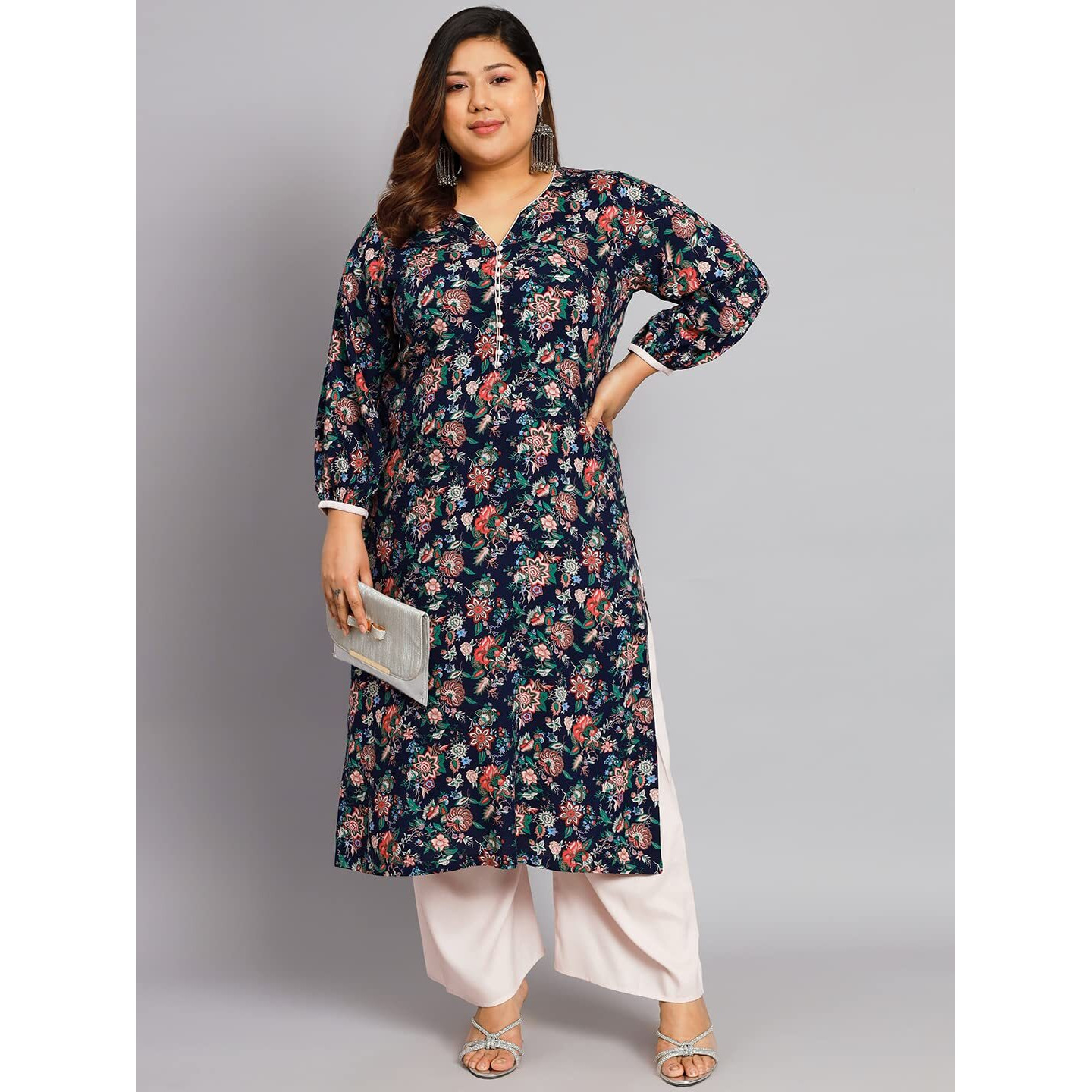 Tissu Women's Plus Size Dark Blue & Green Floral Printed Kurta With Palazzo (T-Plus-660_Dark Blue_3Xl)