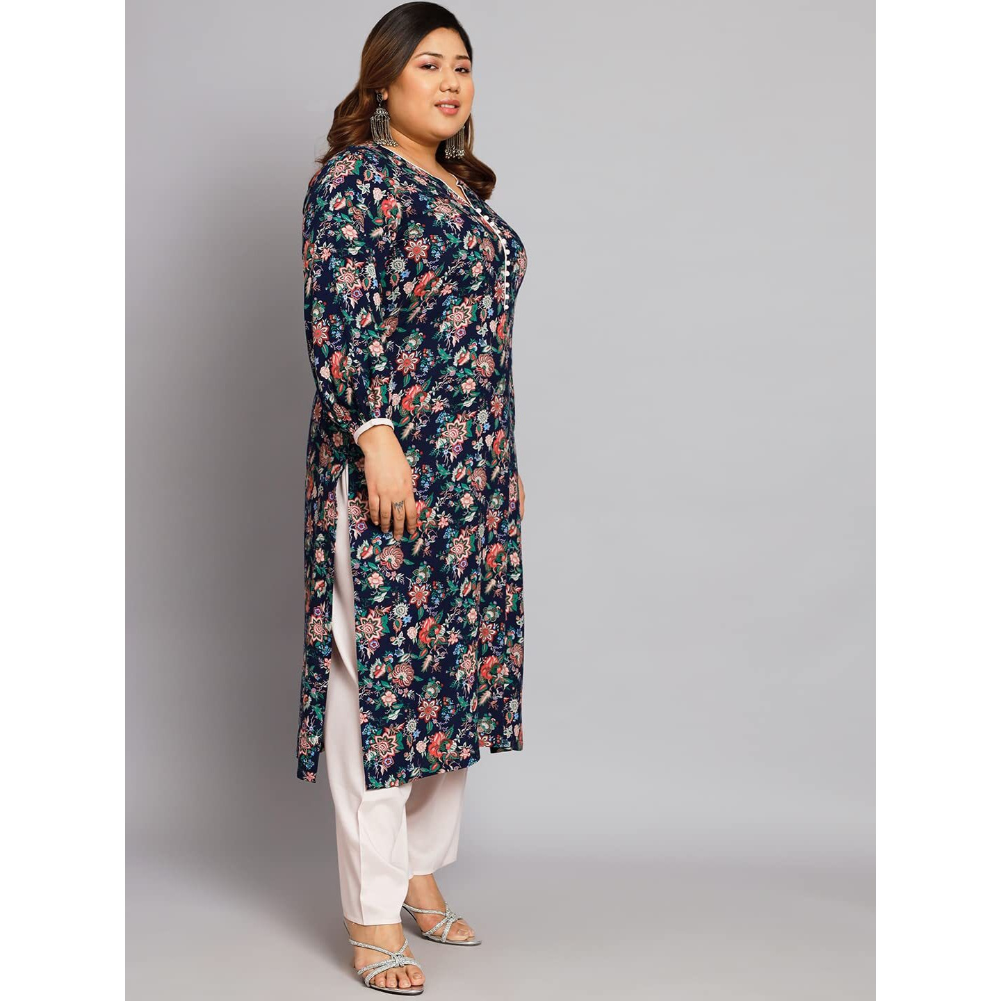 Tissu Women's Plus Size Dark Blue & Green Floral Printed Kurta With Palazzo (T-Plus-660_Dark Blue_3Xl)