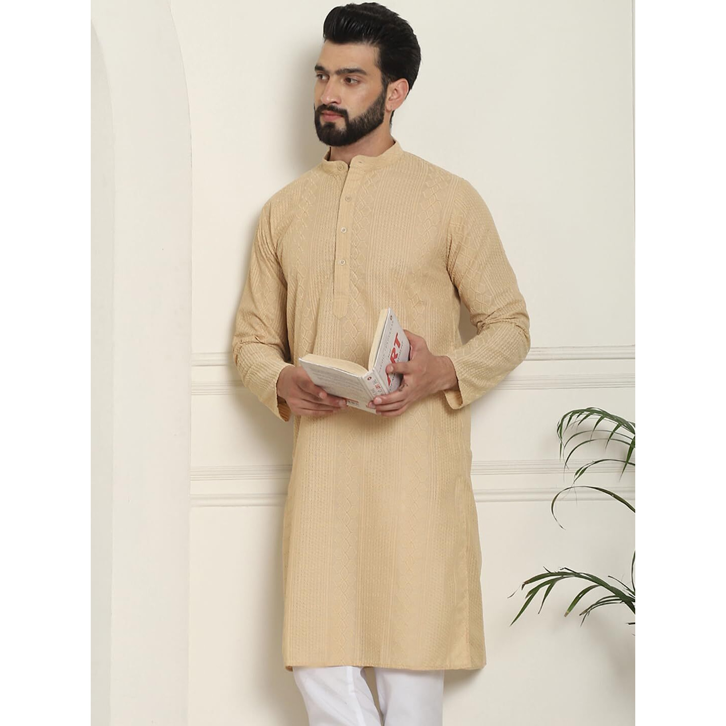 Sojanya (Since 1958 Men's Cotton Thread Embroidered Beige Long Kurta
