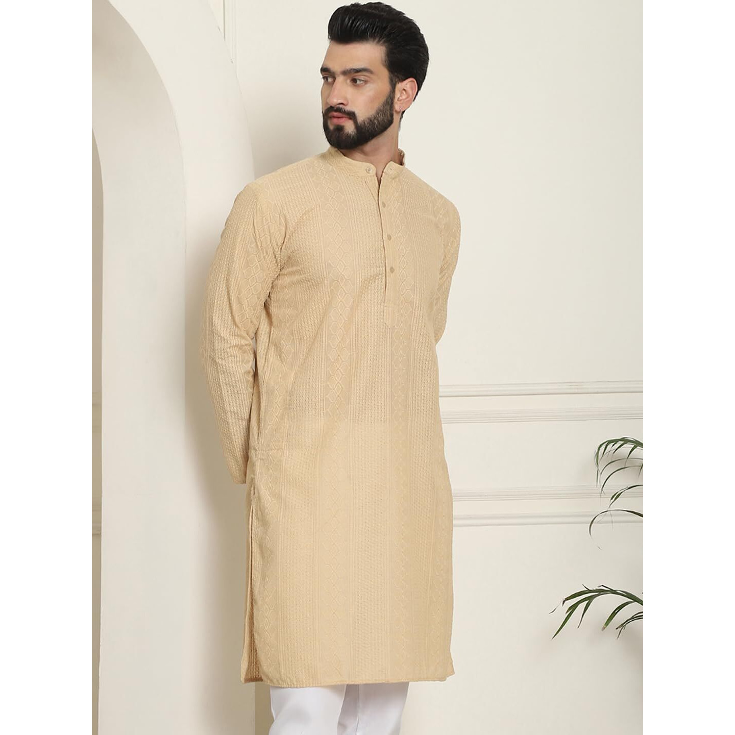 Sojanya (Since 1958 Men's Cotton Thread Embroidered Beige Long Kurta