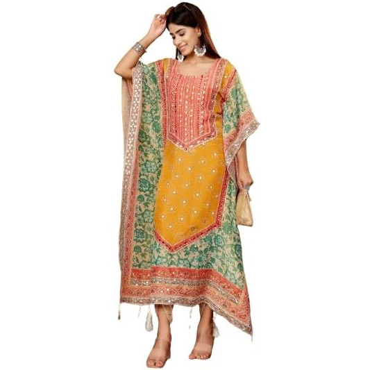 Varanga Women Mustard- Multi Colored Pure Silke Gotta And Mirror Embroidered Kaftan With Dhoti Pants