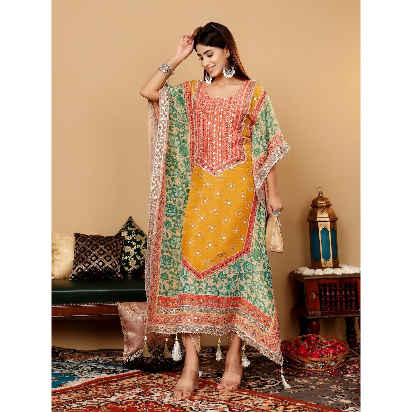 Varanga Women Mustard- Multi Colored Pure Silke Gotta And Mirror Embroidered Kaftan With Dhoti Pants