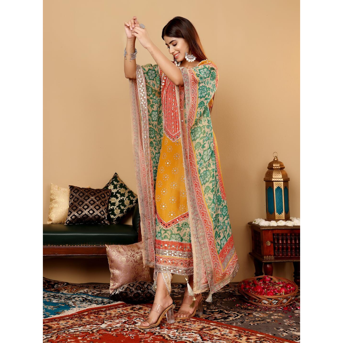 Varanga Women Mustard- Multi Colored Pure Silke Gotta And Mirror Embroidered Kaftan With Dhoti Pants