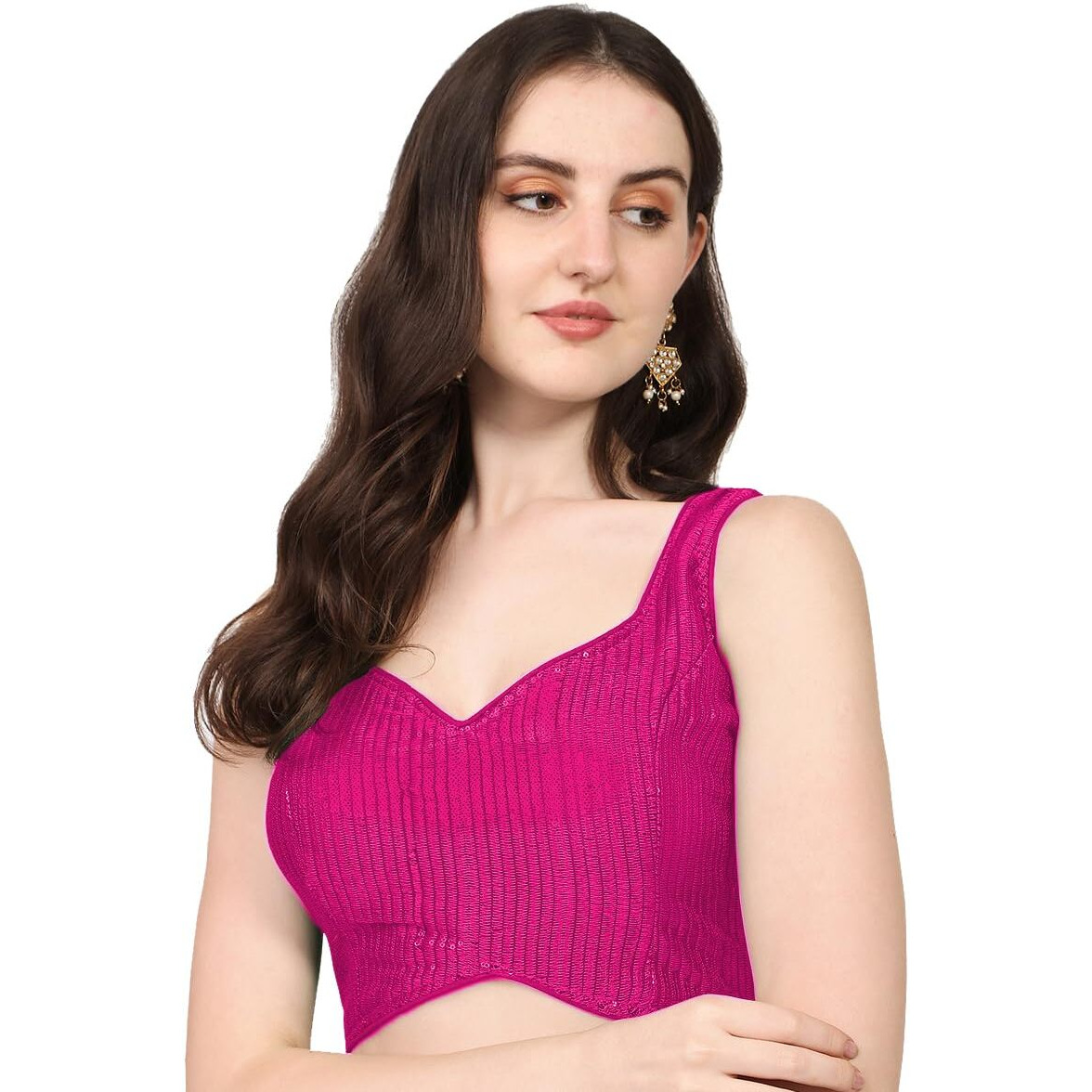 Vihu Fashion Women's Multicolor Sweetheart Neck Georgette Line Soft Sequence Zari Work Sleeves Readymade Saree Blouse (Pink, 36)