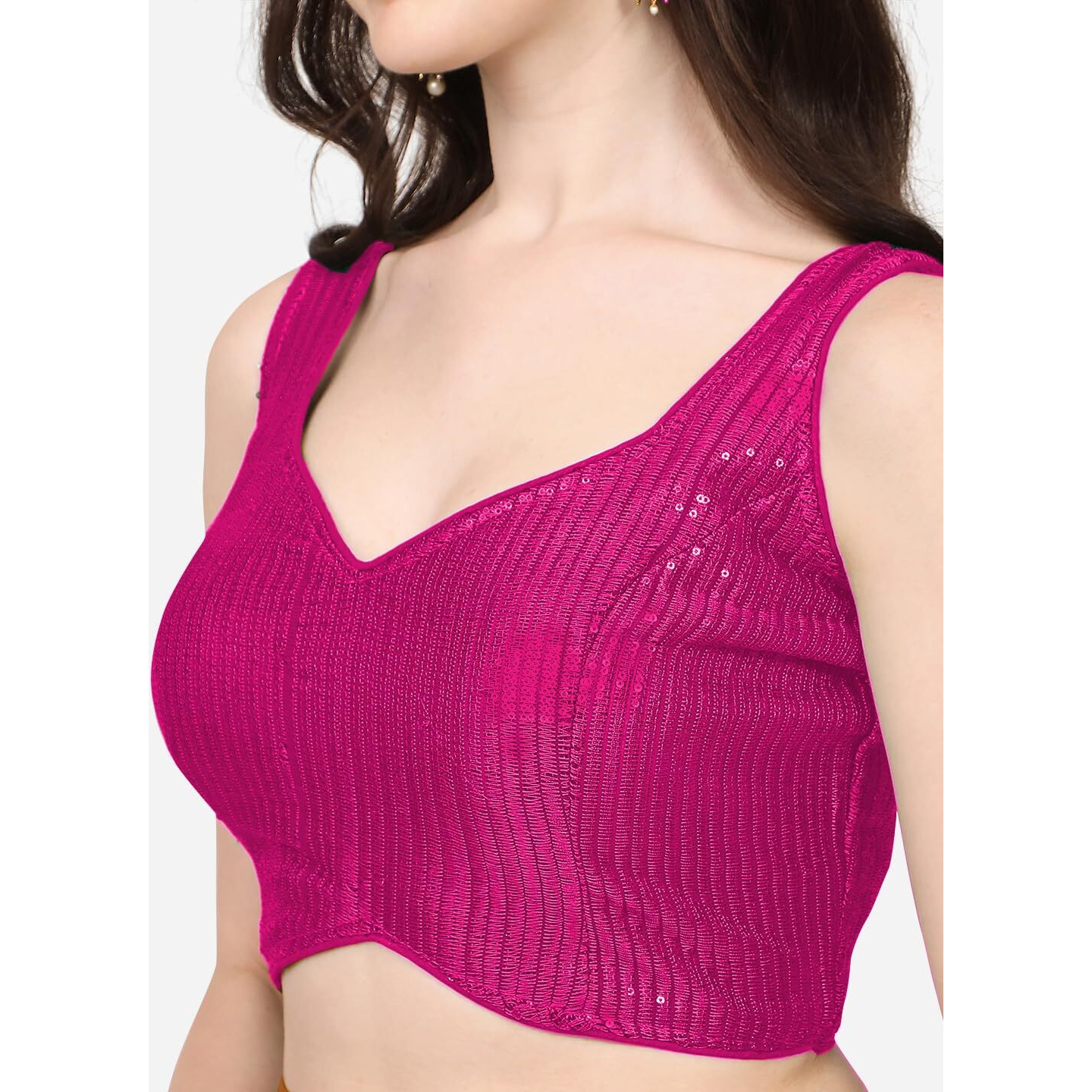 Vihu Fashion Women's Multicolor Sweetheart Neck Georgette Line Soft Sequence Zari Work Sleeves Readymade Saree Blouse (Pink, 36)