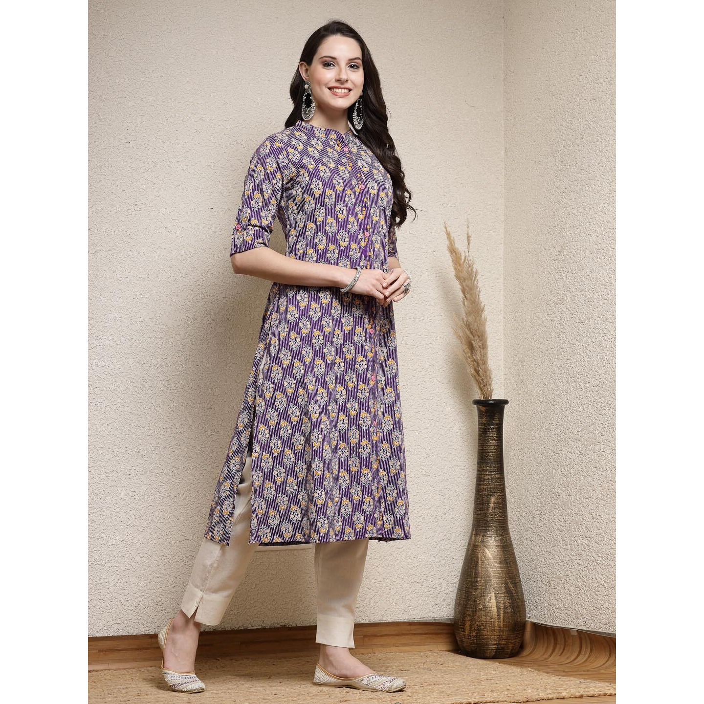 Stylum Women's Floral Printed Rayon A-Line Kurta (Mercury36_Purple, S)