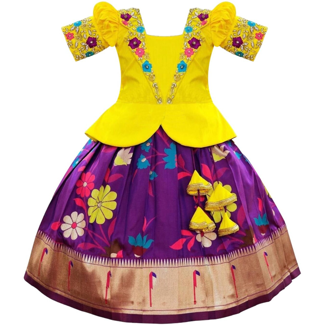 White Button Girl's Satin Lehenga Choli (Yellow Digital Collar-9-10 Years, Wine_9 Years-10