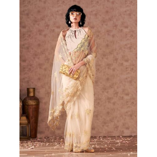 Womanista Women's Net Embroidered Saree (Ti6565_Cream)