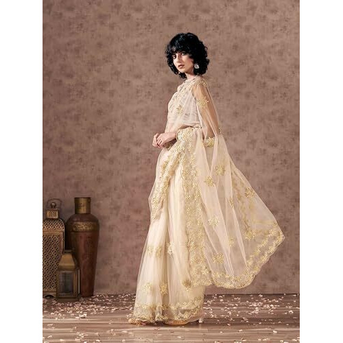Womanista Women's Net Embroidered Saree (Ti6565_Cream)