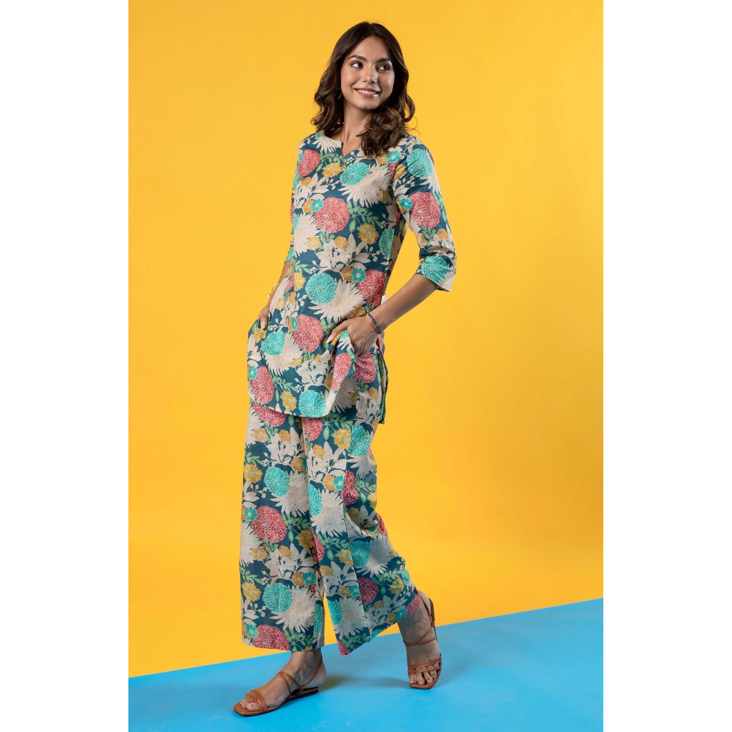 Sugathari Women's Dress Blue Keyhole Neck Co-Ods Set For Women (Co-Ods 97 Blue M)
