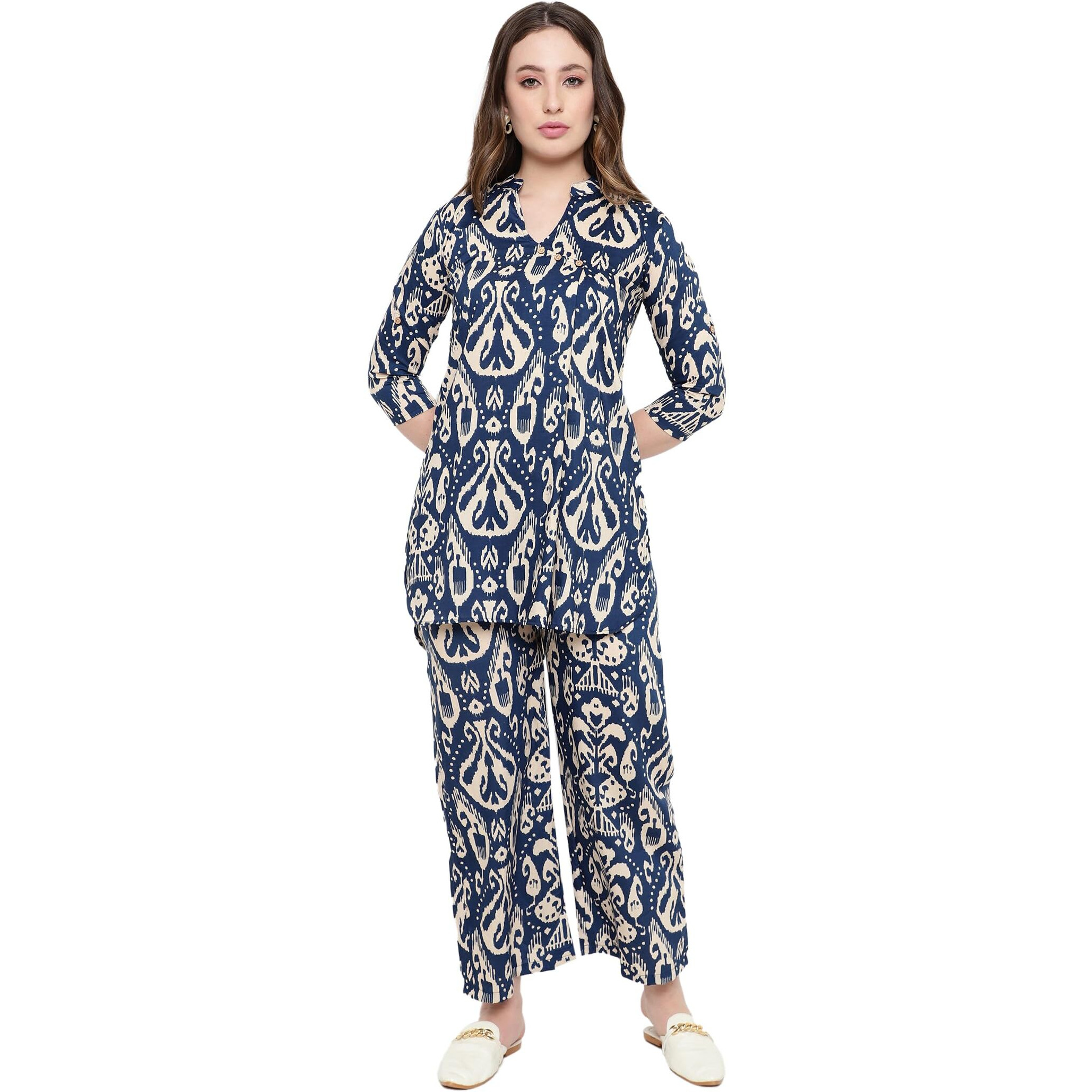 Sugathari Women's Dress Batik Navy Blue V-Neck Co-Ods Set For Women (Co-Ods 97 Batik Blue L)