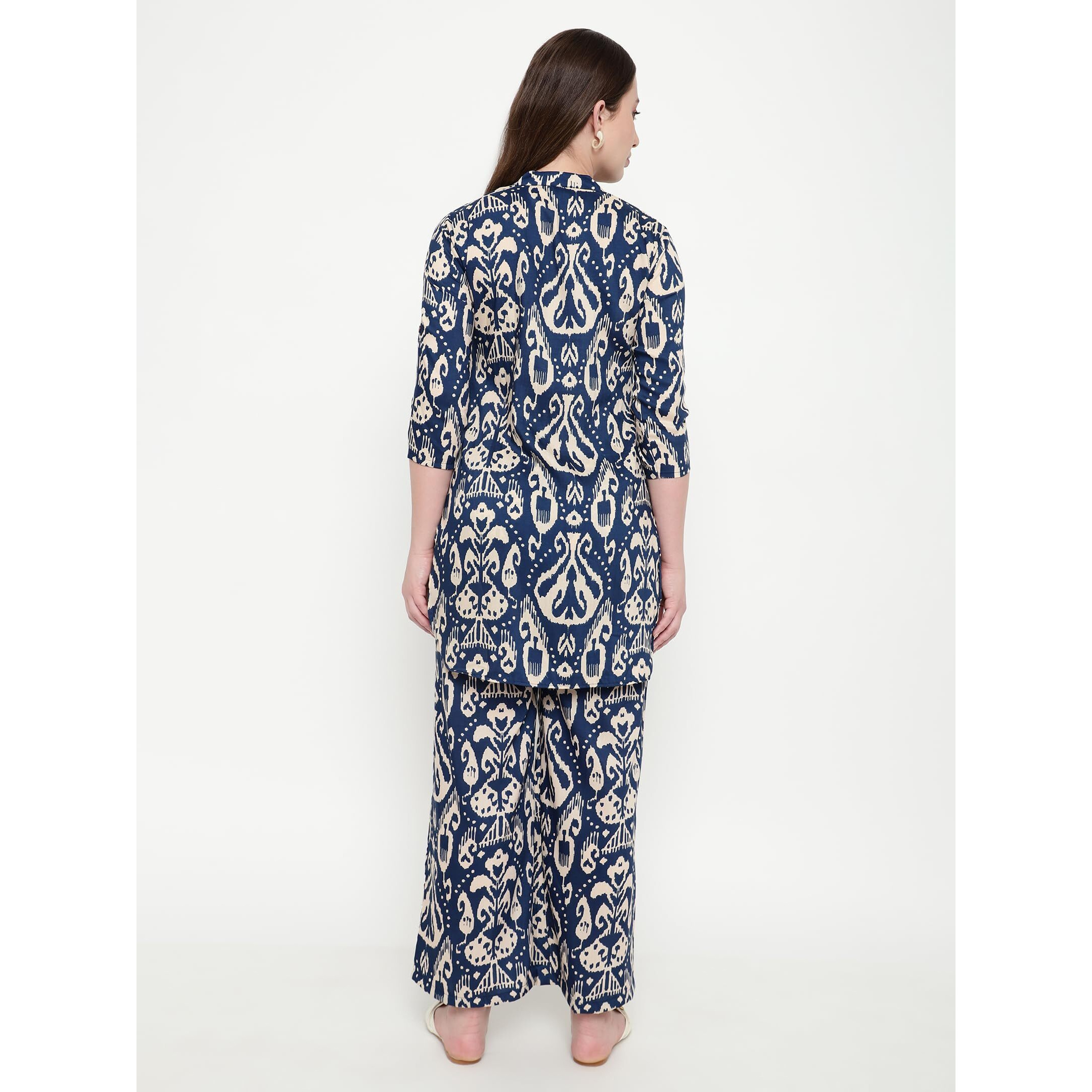 Sugathari Women's Dress Batik Navy Blue V-Neck Co-Ods Set For Women (Co-Ods 97 Batik Blue L)