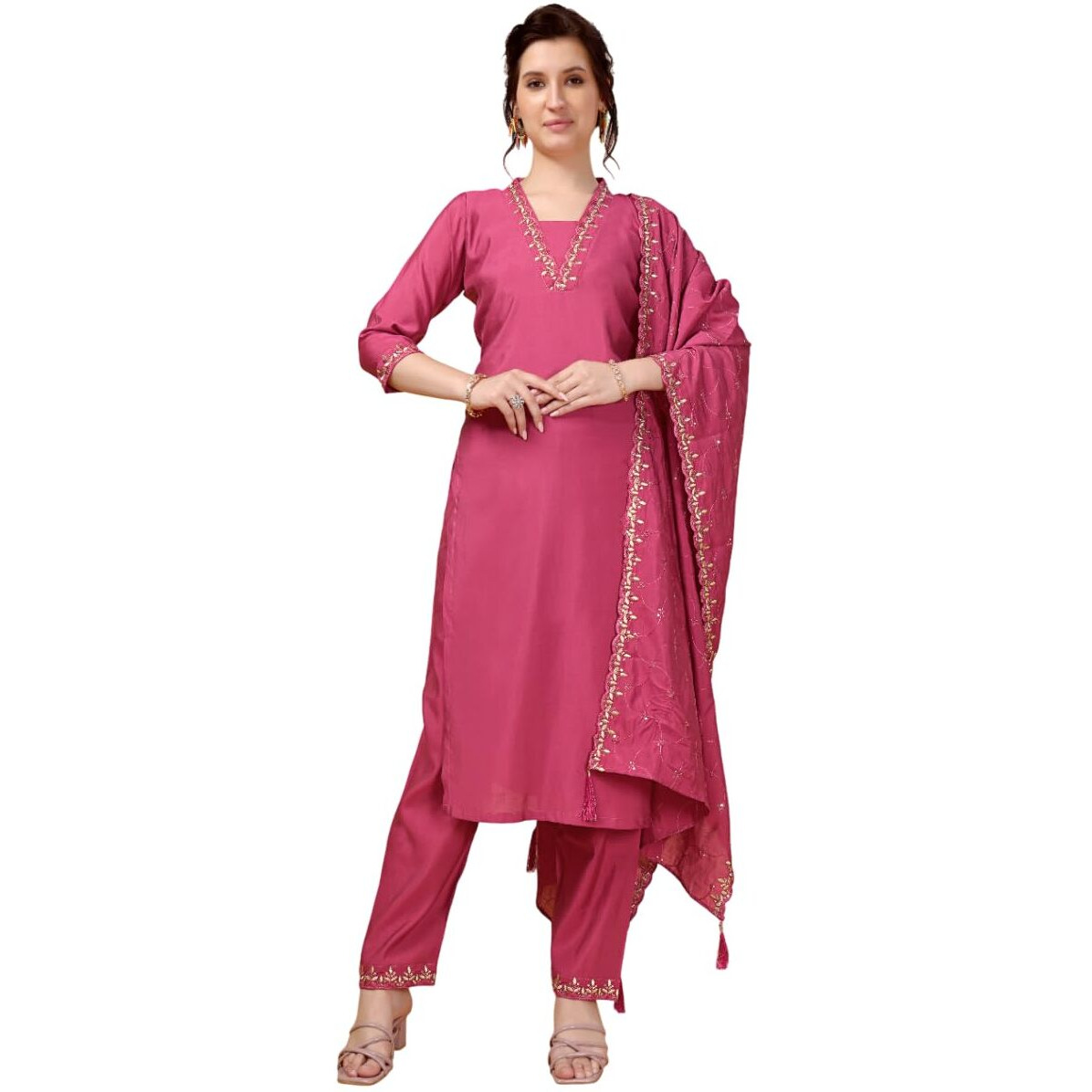 Xomantic Fashion Womens's Pink Color Cotton Embroidered Readymade Kurta Pant Set With Dupatta (Medium, Pink)
