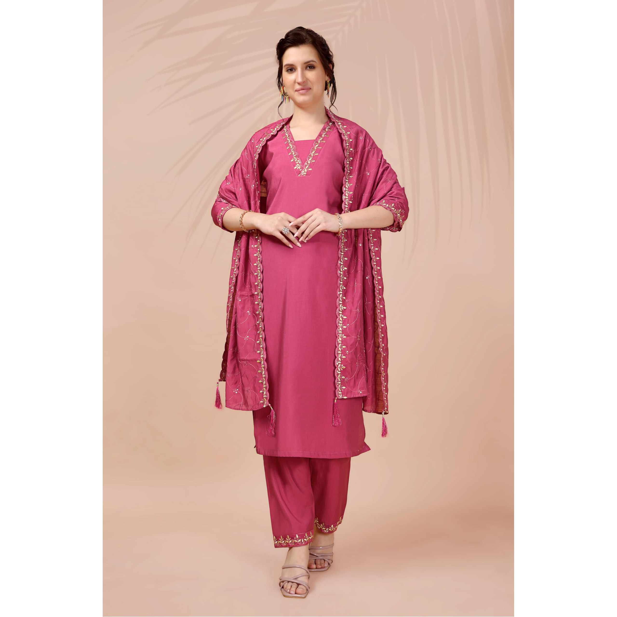 Xomantic Fashion Womens's Pink Color Cotton Embroidered Readymade Kurta Pant Set With Dupatta (Medium, Pink)