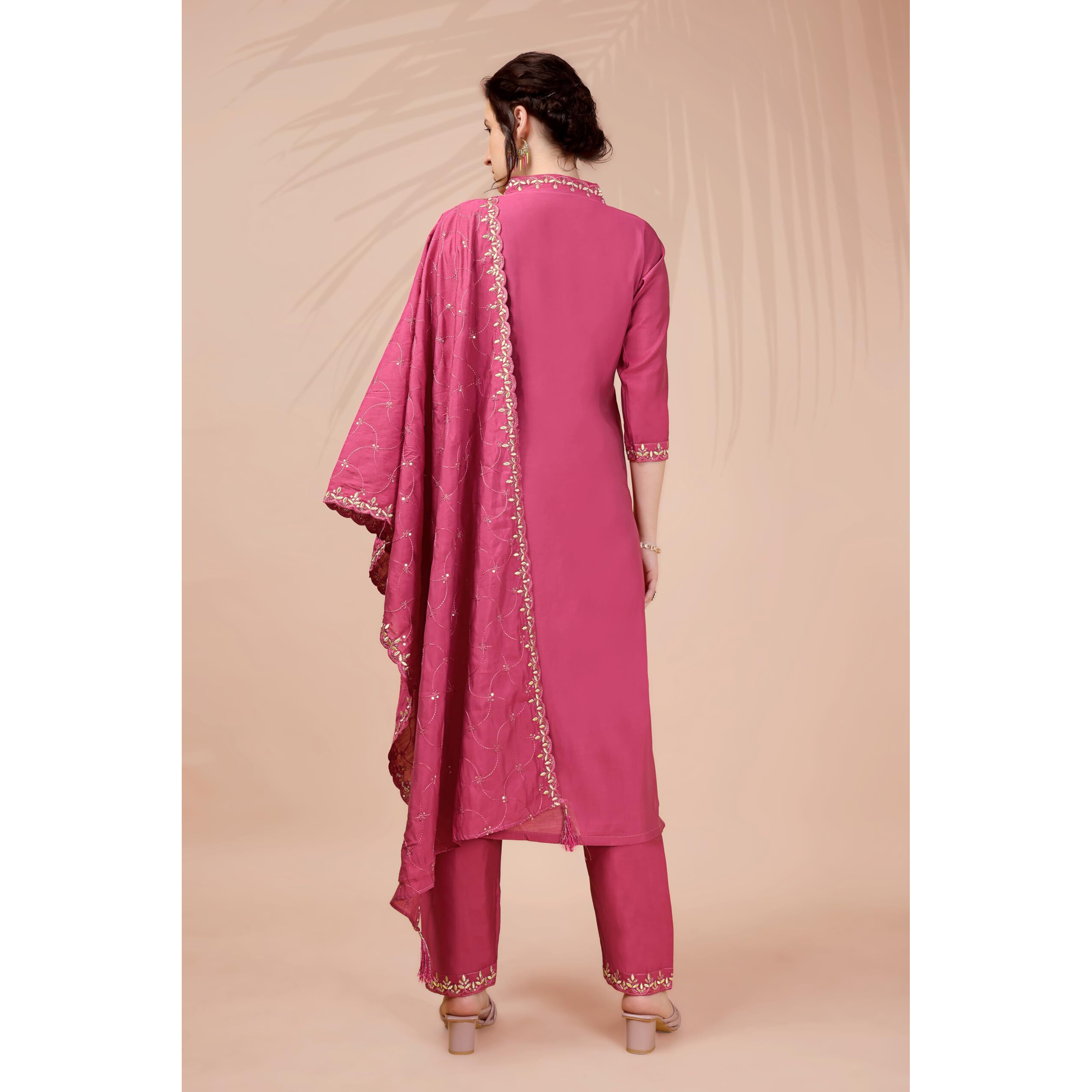 Xomantic Fashion Womens's Pink Color Cotton Embroidered Readymade Kurta Pant Set With Dupatta (Medium, Pink)