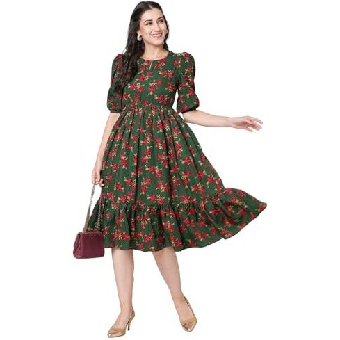 Selvia Western Dress For Women|Crepe Dress For Women|Fit & Flare Dress|Floral Printed Dress For Women|One Piece Dress For Women (715Dtk7933N-S_Green & Red & Moss Green)
