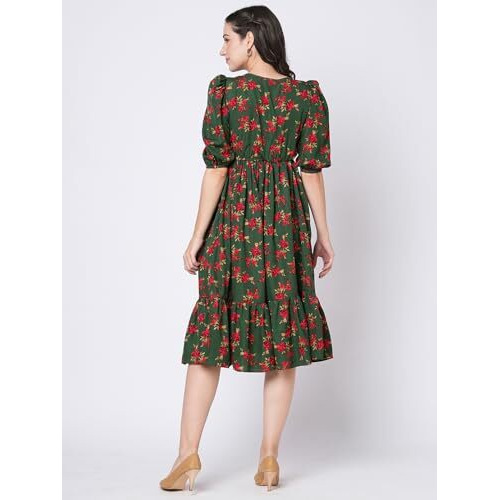 Selvia Western Dress For Women|Crepe Dress For Women|Fit & Flare Dress|Floral Printed Dress For Women|One Piece Dress For Women (715Dtk7933N-S_Green & Red & Moss Green)