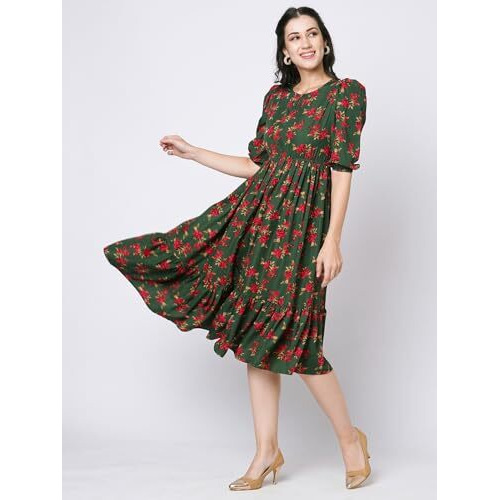 Selvia Western Dress For Women|Crepe Dress For Women|Fit & Flare Dress|Floral Printed Dress For Women|One Piece Dress For Women (715Dtk7933N-S_Green & Red & Moss Green)
