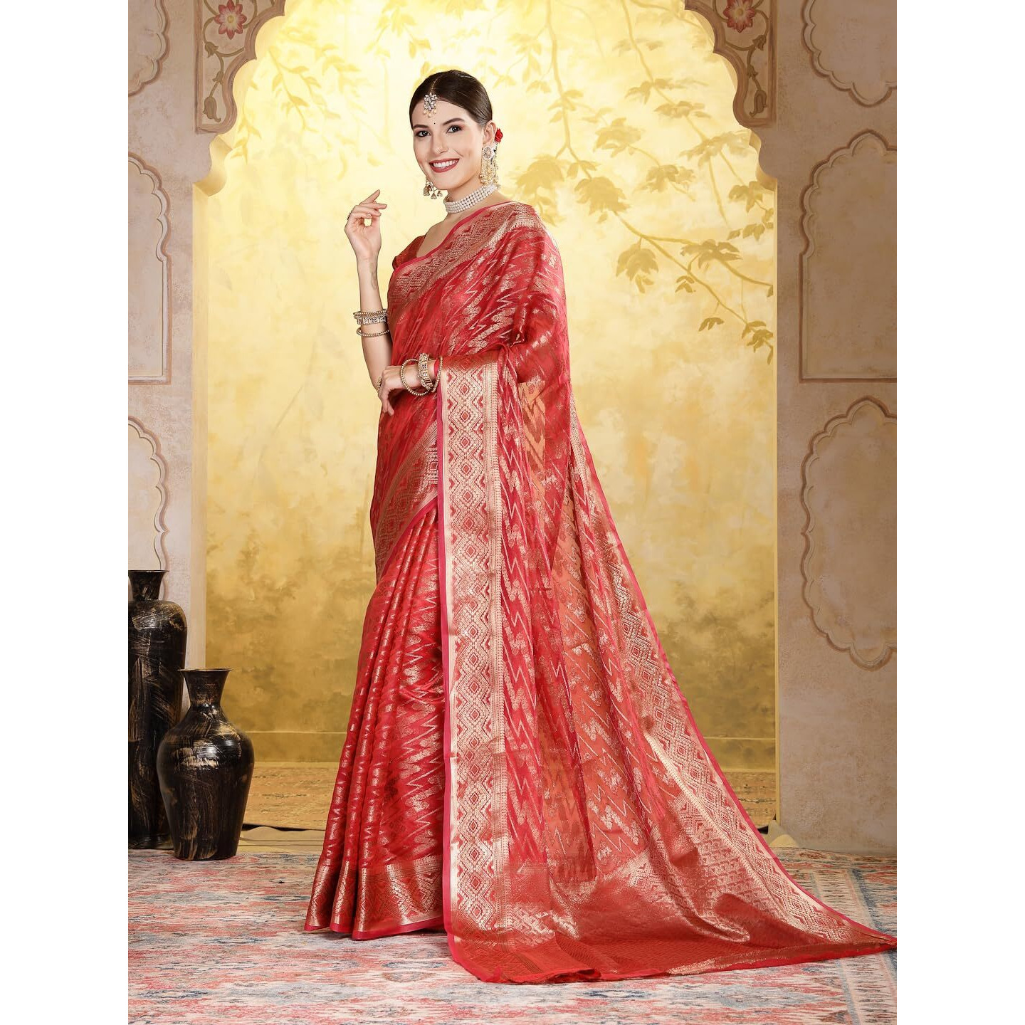 Stylum Women's Maroon Geometric Print Woven Zari Border Organza Saree (Srjhalakmaroon_Maroon)