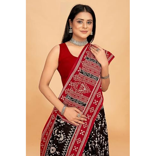 Tamaira Fashion Women's Warli Printed Sambalpuri Pure Cotton Mulmul Saree Without Blouse Piece(2483_Black)