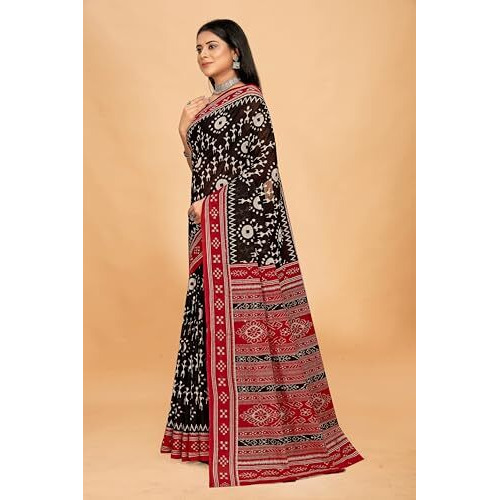 Tamaira Fashion Women's Warli Printed Sambalpuri Pure Cotton Mulmul Saree Without Blouse Piece(2483_Black)