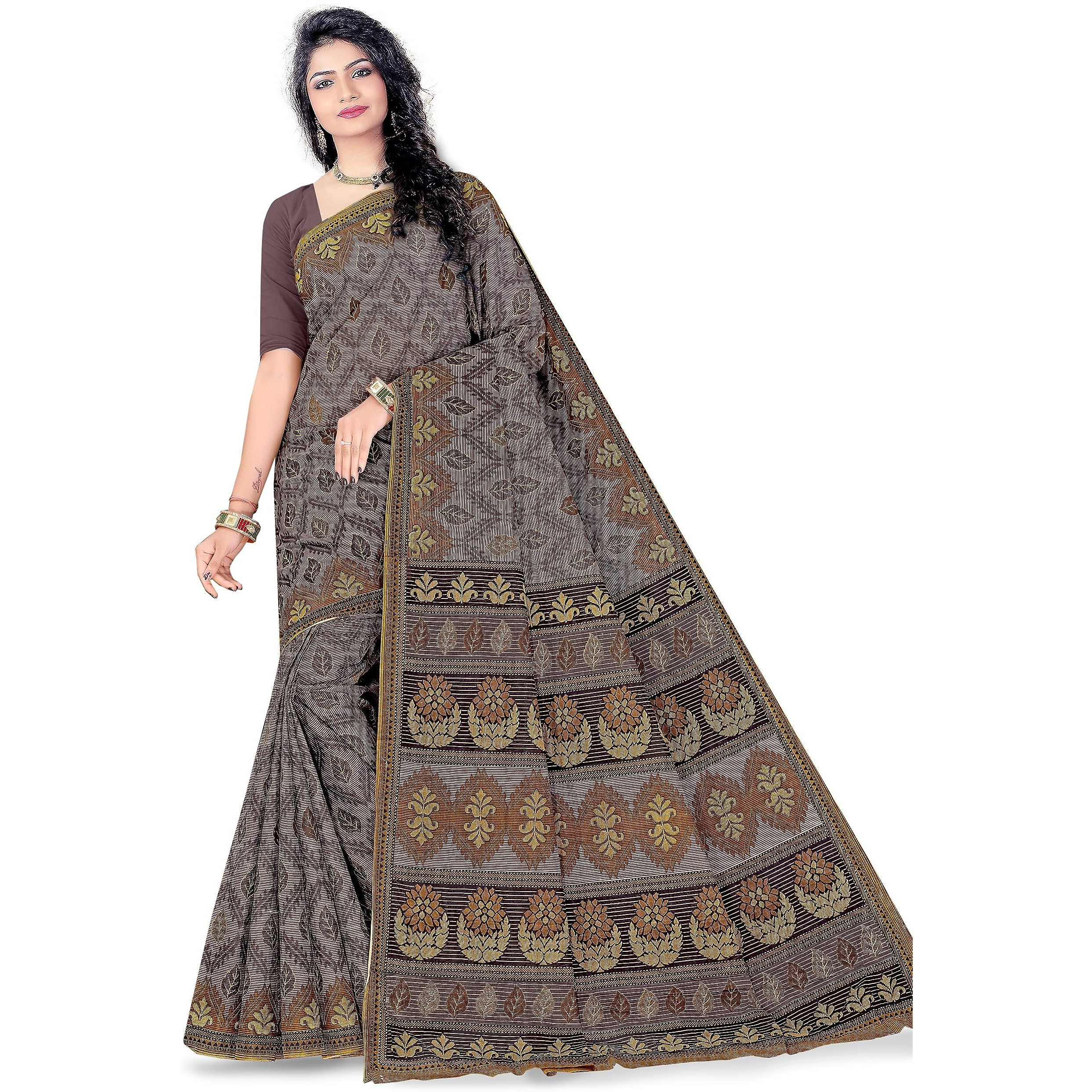 Tamaira Fashion Women's Plain Weave Pure Cotton Saree Without Blouse Piece(11142_Grey)