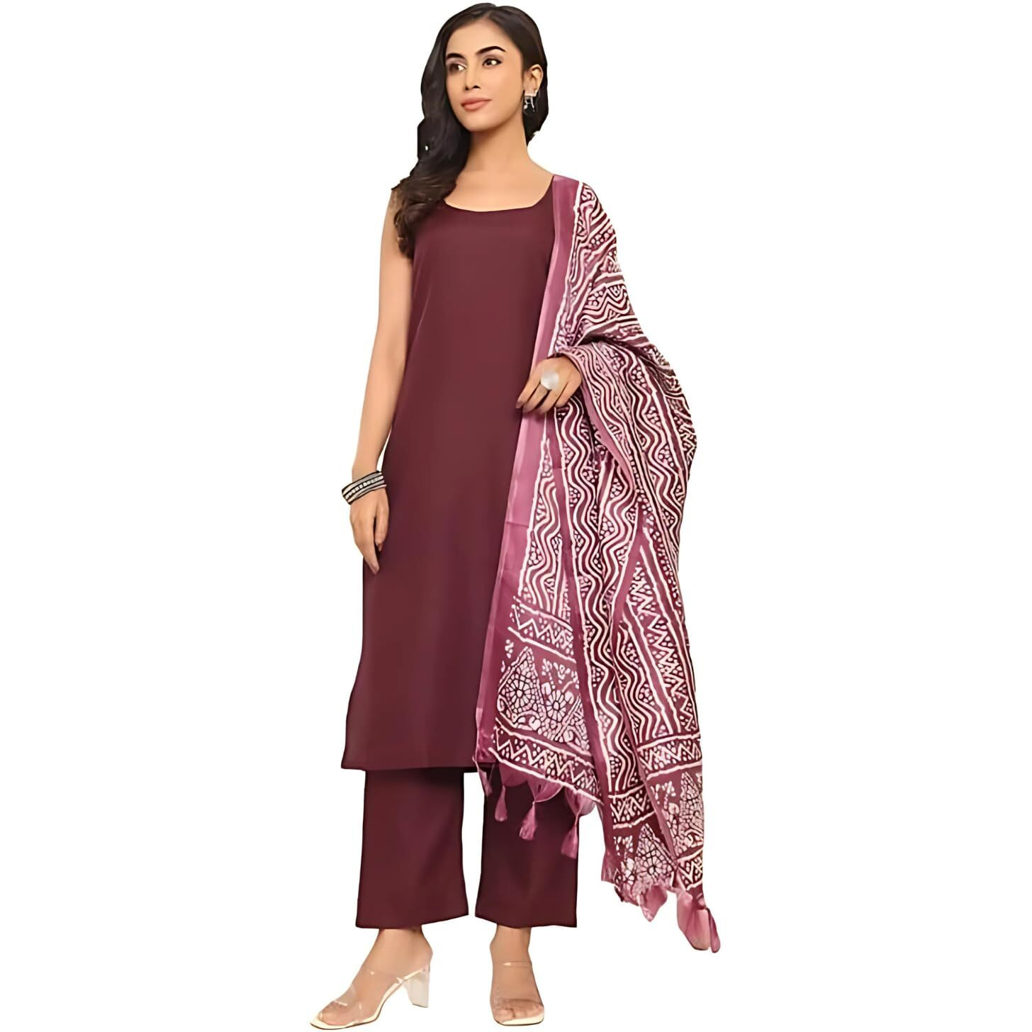 Varanga Women's Violet Strap Kurta With Tonal Bottom & Printed Dupatta  Round Neck, Side Slit Design, Stylish & Comfortable