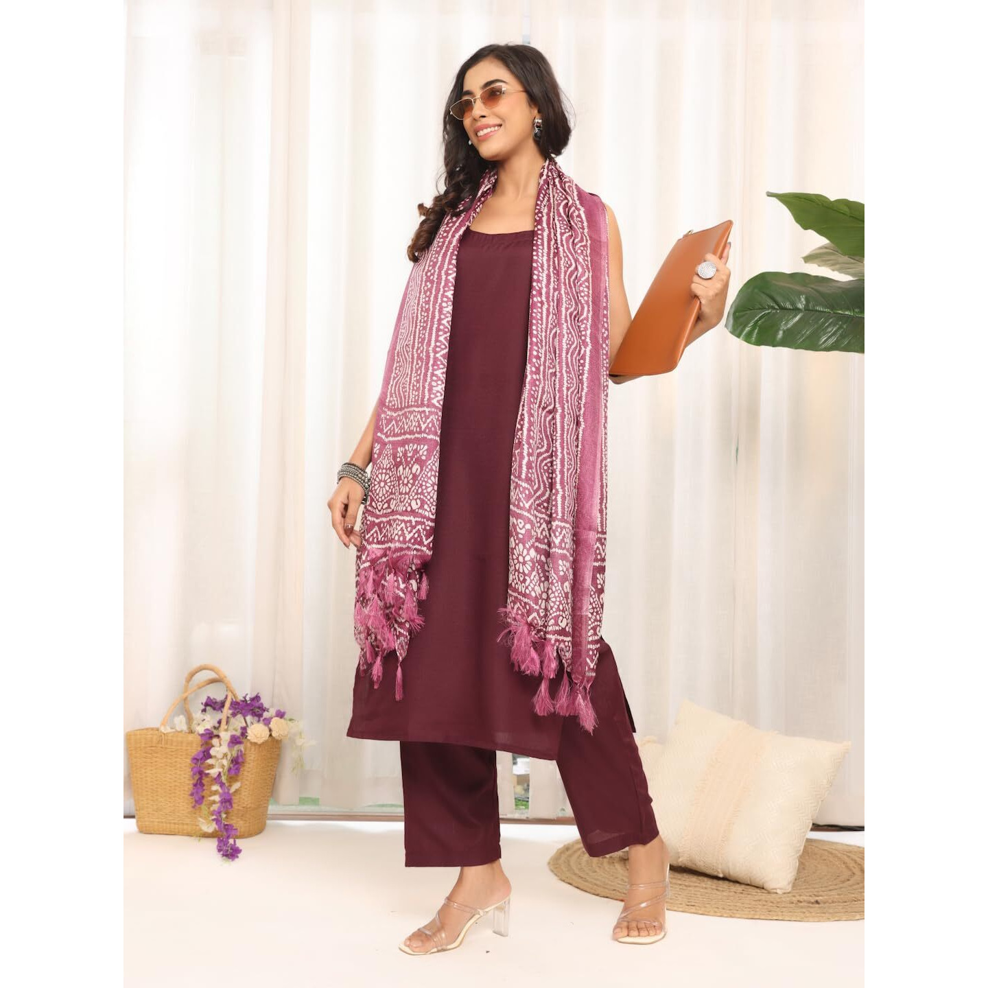 Varanga Women's Violet Strap Kurta With Tonal Bottom & Printed Dupatta  Round Neck, Side Slit Design, Stylish & Comfortable