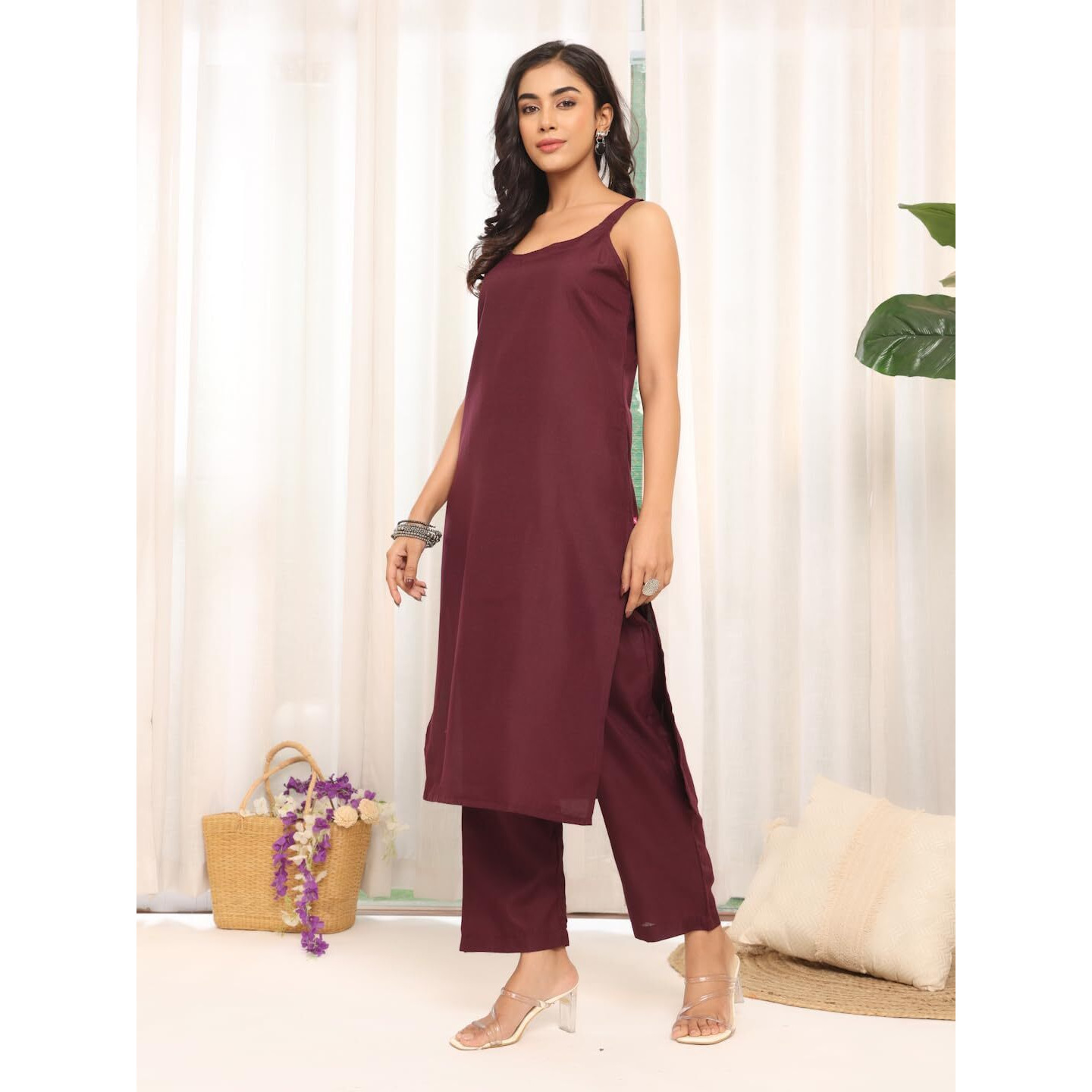 Varanga Women's Violet Strap Kurta With Tonal Bottom & Printed Dupatta  Round Neck, Side Slit Design, Stylish & Comfortable