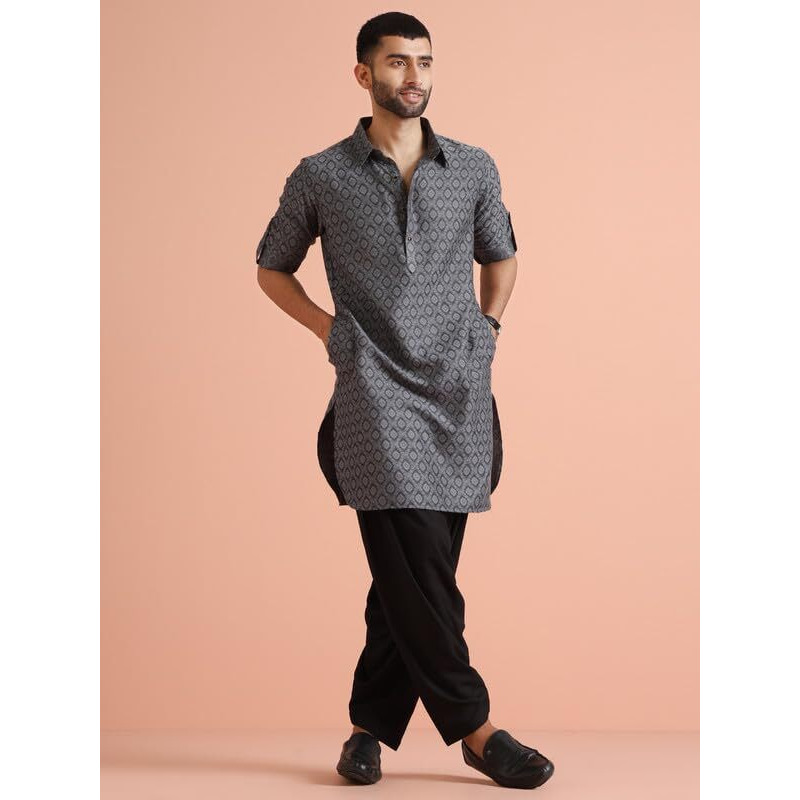 Kisah Men's Kurta Patiyala Set, Grey Silk Blend, Jacquard Regular Fit Mandarin Collar Long Sleeves (38)